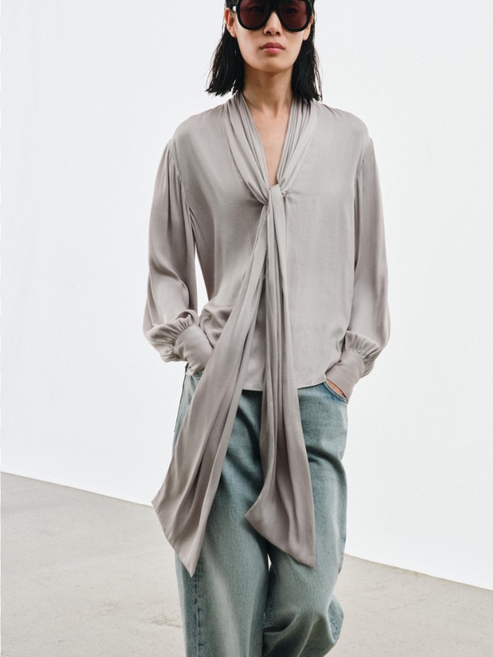 Zara Draped Tie-Neck Blouse - Light Gray